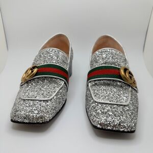 Gucci GG Marmont Web Peyton Loafers Coarse Glitter Metallic Silver Women’s US 35